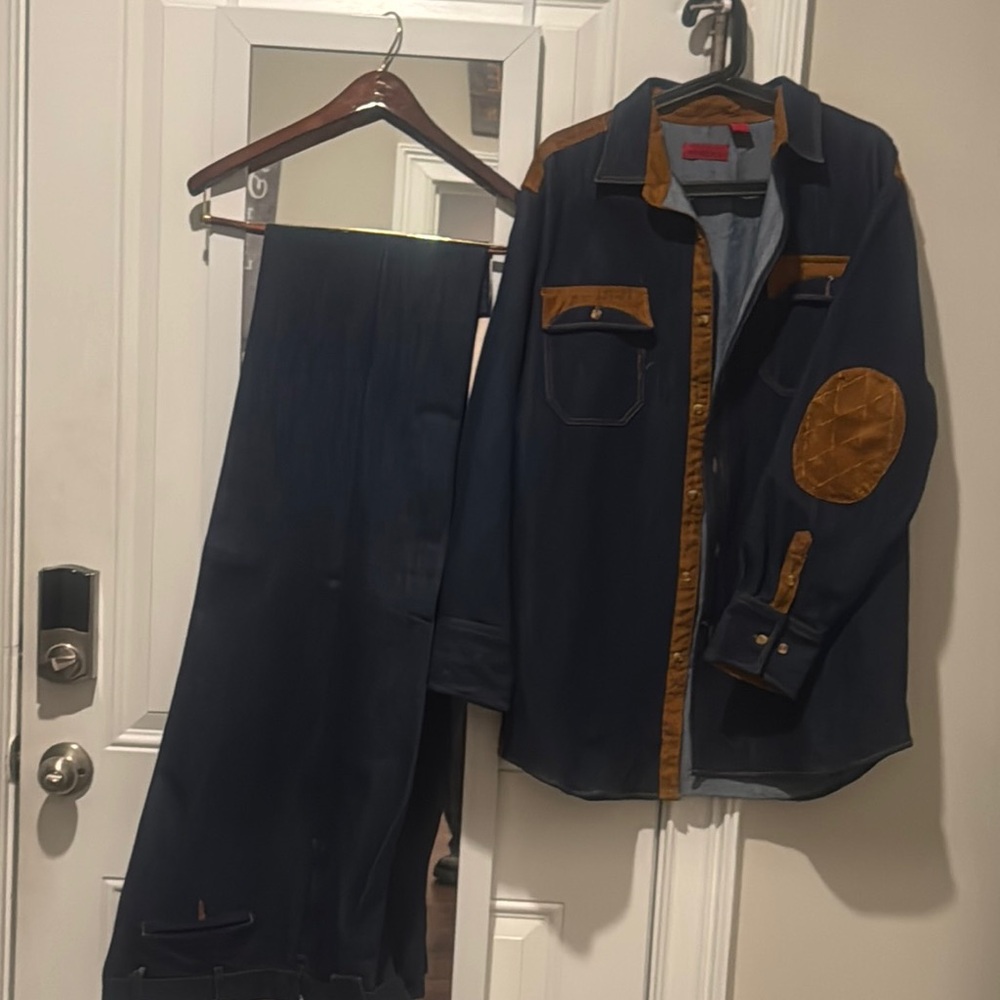 Navy and Tan Western Shirt with Elbow Patches